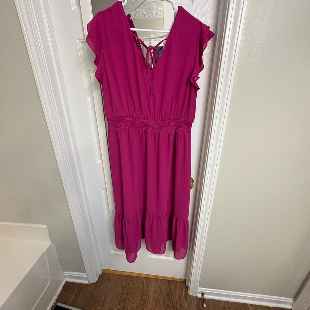 Grace Karin Fuchsia V Neck Ruffle Sleeve Dress, A-Line Midi